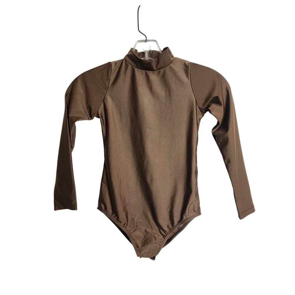Kids Brown Long‎ Sleeve Leotard Mock Neck Back Zip Dance Gymnastics XL